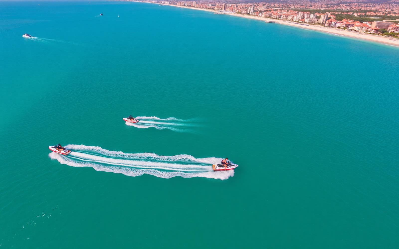 Jetskis cutting through turquoise water along the coast